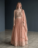 Size UK 10 (36" Bust) Adjustable to Size 12 - Pastel Coral Pink / Peach - Silky Lehenga Set - Mehndi / Sangeet / Bridesmaids / Weddings / Garba - UK Stock - 24h Dispatch - KM557 07TP26 - Prachy Creations