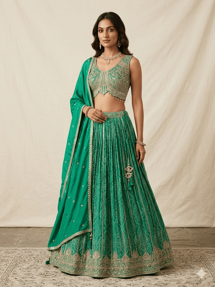 Size UK 12 (38" Bust) Adjustable to Size 14 - Green - Rajasthani Print Silky Lehenga Set - Mehndi / Sangeet / Bridesmaids / Weddings / Garba - UK Stock - 24h Dispatch - OC72021 05PH26 - Prachy Creations