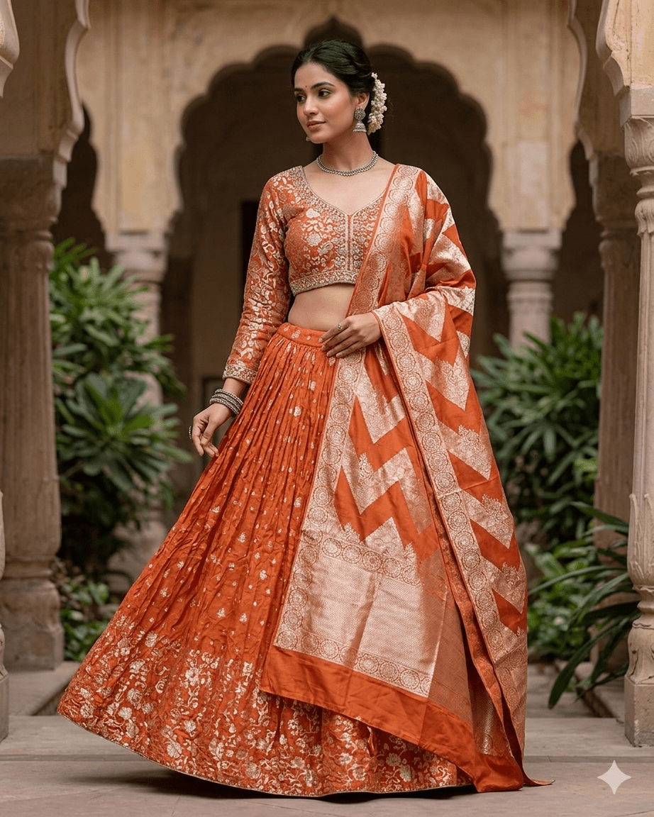 Size UK 12 (38" Bust) Adjustable to Size 14 - Orange - Silky Lehenga Set - Mehndi / Sangeet / Bridesmaids / Weddings / Garba - UK Stock - 24h Dispatch - JF10468 05PA26 - Prachy Creations