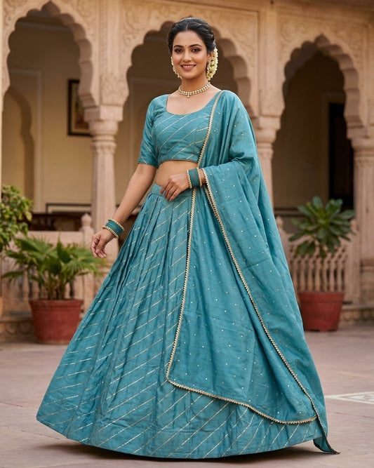 Size UK 12 (38" Bust) - Pastel Sky blue- Dupion Silk Lehenga Set - Garba / Dandia , Mehndi / Sangeet / Weddings - Adjustable to Size 14 - UK Stock - 24h Dispatch - AF2506 09TY25 - Prachy Creations