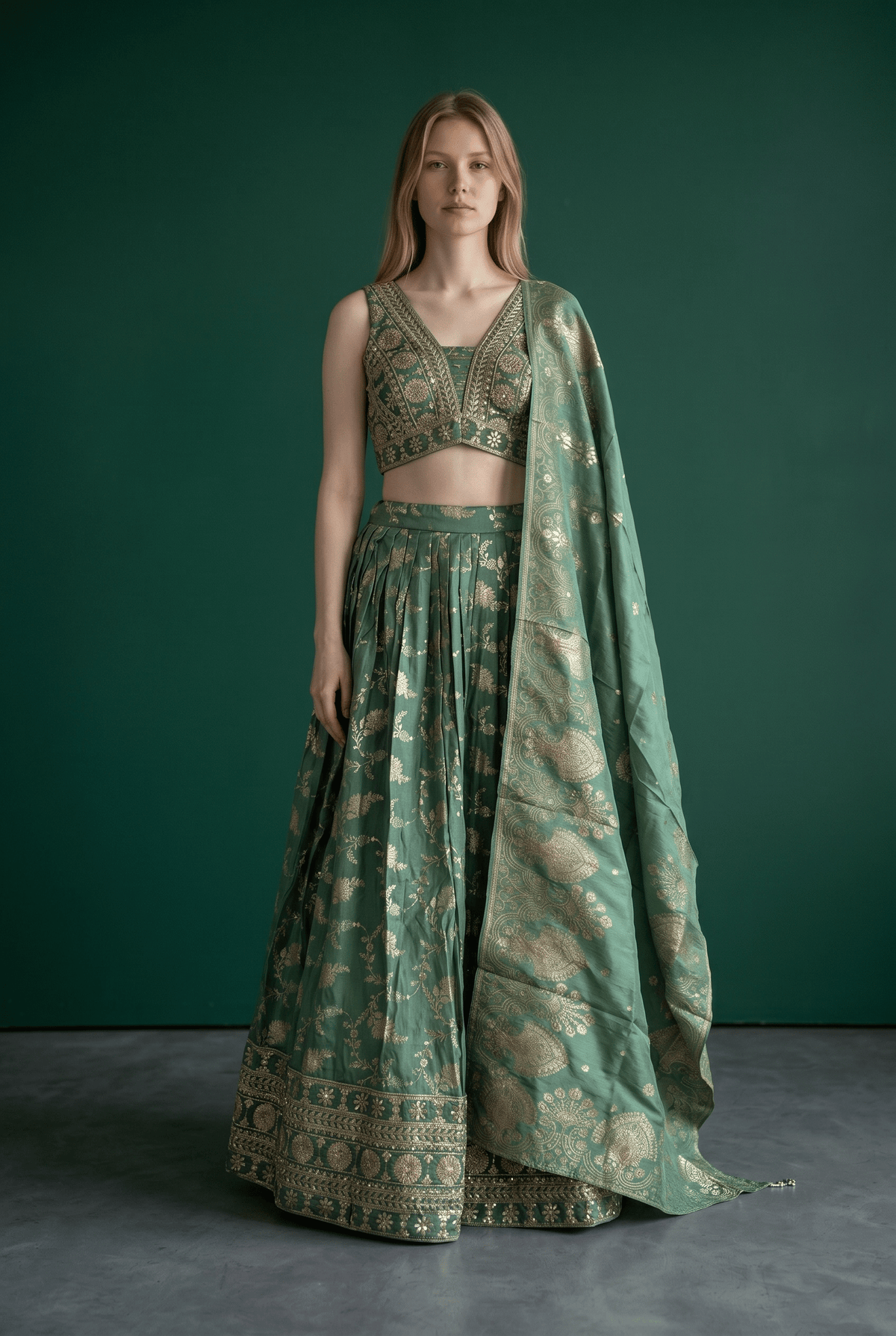 Size UK 14 (40" Bust) Adjustable to Size 14 - Mint Green - Banarasi Silky Lehenga Set - Mehndi / Sangeet / Bridesmaids / Weddings / Garba - UK Stock - 24h Dispatch - JF10530 05PA26 - Prachy Creations