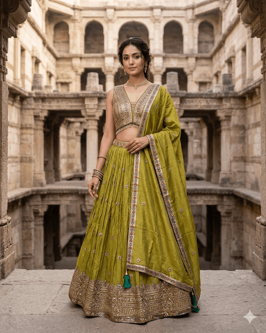 Size UK 14 (40" Bust) Adjustable to Size 16 - Olive Green - Banarasi Silky Lehenga Set - Mehndi / Sangeet / Bridesmaids / Weddings / Garba - UK Stock - 24h Dispatch - JF7973 05JP26 - Prachy Creations
