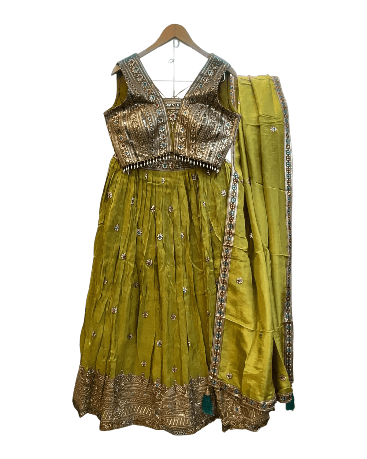Size UK 14 (40" Bust) Adjustable to Size 16 - Olive Green - Banarasi Silky Lehenga Set - Mehndi / Sangeet / Bridesmaids / Weddings / Garba - UK Stock - 24h Dispatch - JF7973 05JP26 - Prachy Creations