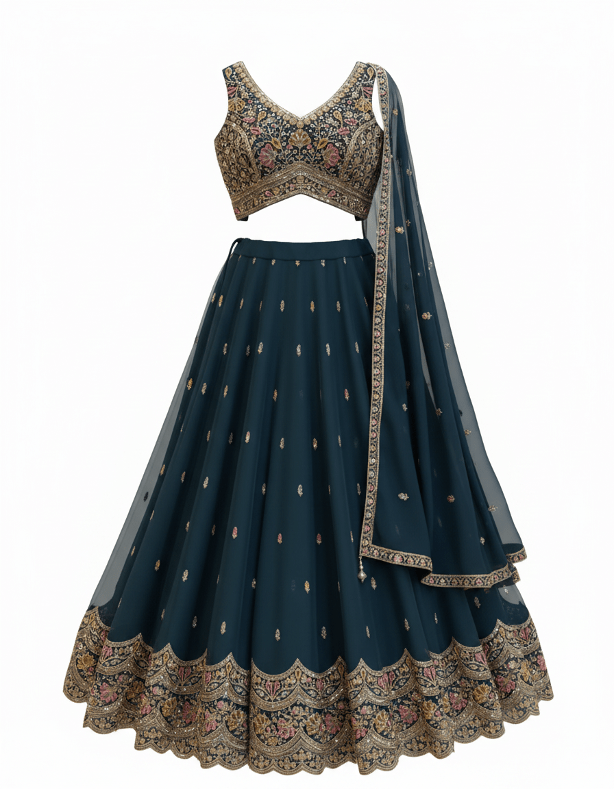 Size UK 14 (40" Bust) Adjustable to Size 16 - Petrol Blue - Banarasi Silky Lehenga Set - Mehndi / Sangeet / Bridesmaids / Weddings / Garba - UK Stock - 24h Dispatch - JF10505 05PV26 - Prachy Creations