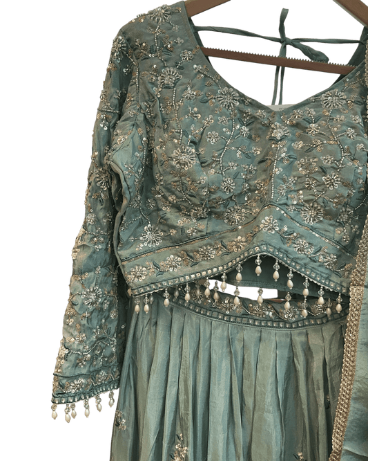 Size UK 14 (40" Bust) Long Sleeves - Pastel Turquoise - Silky Lehenga Set - Mehndi / Sangeet / Bridesmaids / Weddings / Garba - UK Stock - 24h Dispatch - KM- VAN416 07JJ26 - Prachy Creations