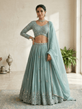 Size UK 14 (40" Bust) Long Sleeves - Pastel Turquoise - Silky Lehenga Set - Mehndi / Sangeet / Bridesmaids / Weddings / Garba - UK Stock - 24h Dispatch - KM- VAN416 07JJ26 - Prachy Creations