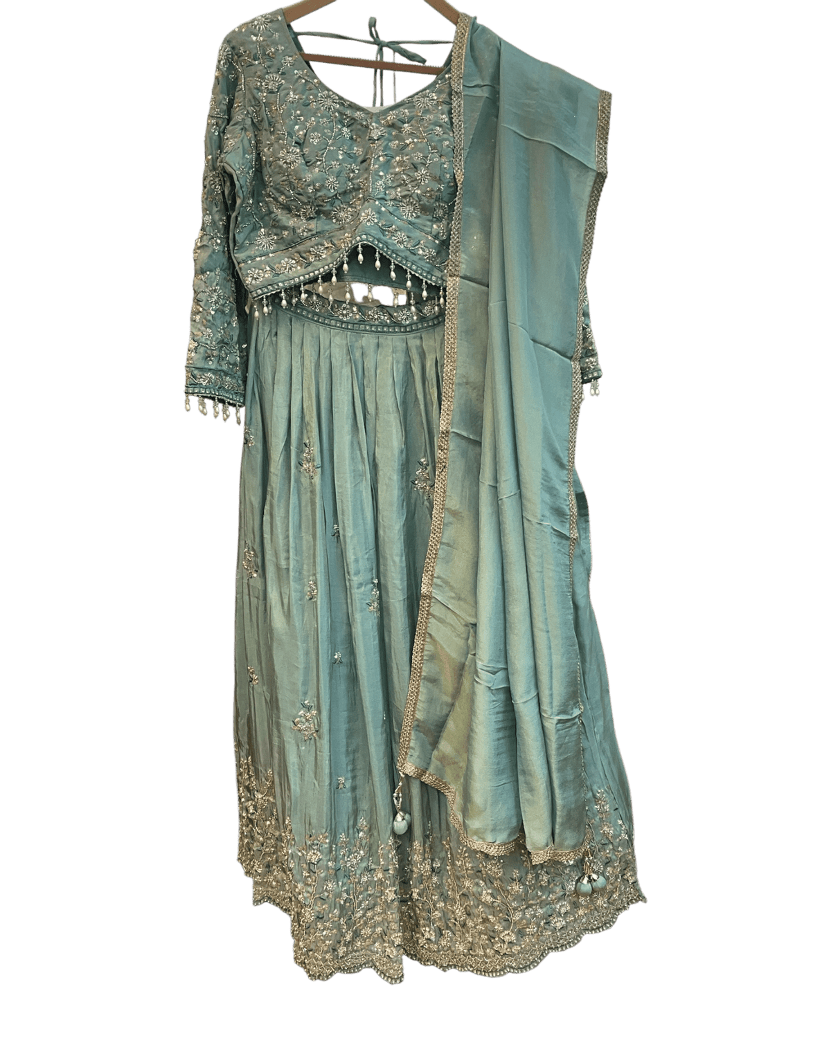 Size UK 14 (40" Bust) Long Sleeves - Pastel Turquoise - Silky Lehenga Set - Mehndi / Sangeet / Bridesmaids / Weddings / Garba - UK Stock - 24h Dispatch - KM- VAN416 07JJ26 - Prachy Creations
