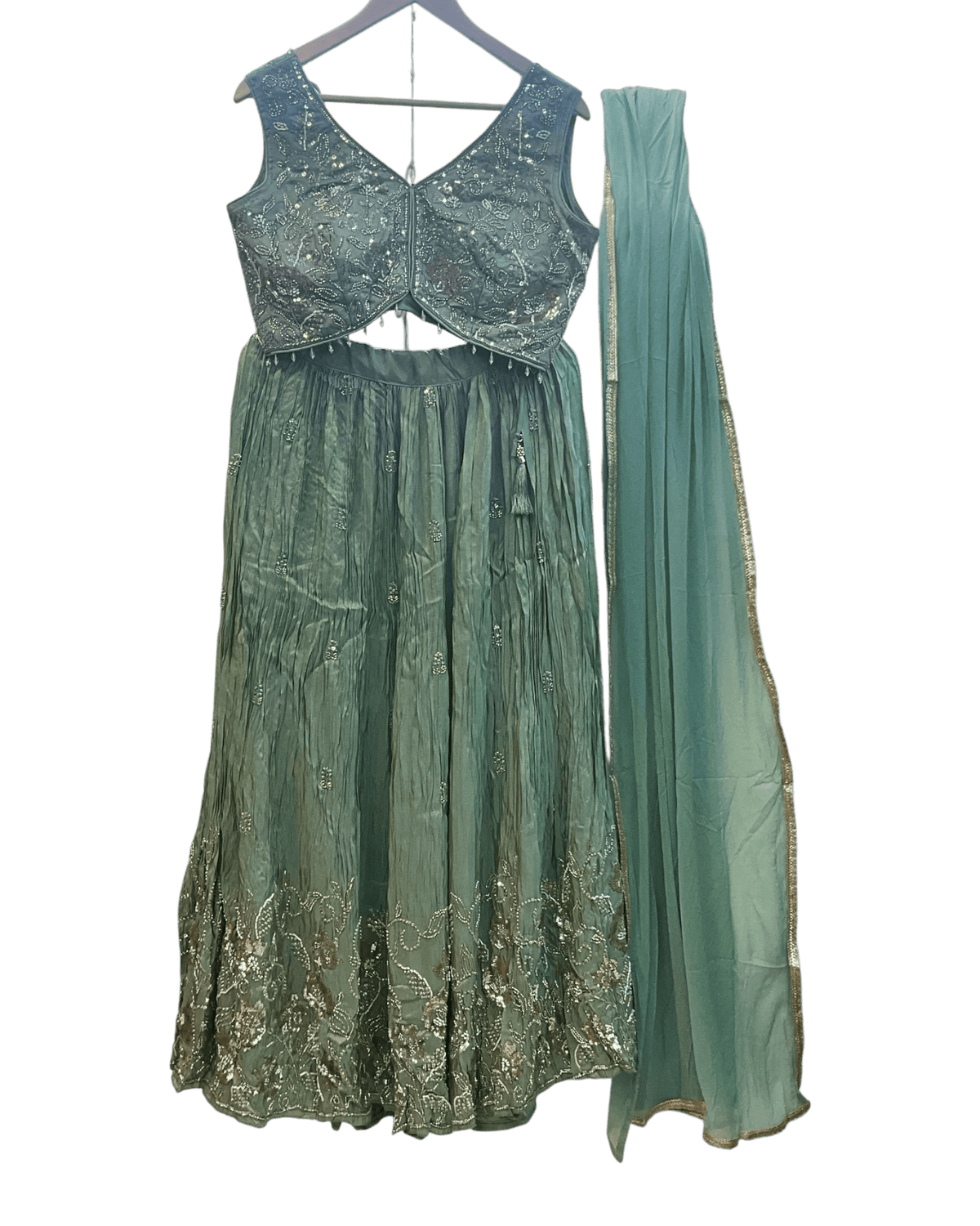 Size UK 14 (40" Bust) Sleeveless - Pastel Sea Green - Silky Lehenga Set - Mehndi / Sangeet / Bridesmaids / Weddings / Garba - UK Stock - 24h Dispatch - KM- Balsa 07TR26 - Prachy Creations
