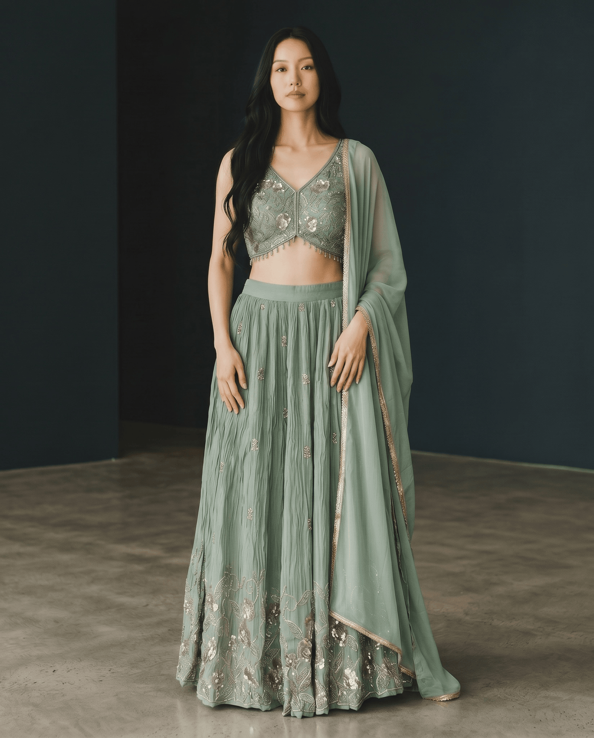 Size UK 14 (40" Bust) Sleeveless - Pastel Sea Green - Silky Lehenga Set - Mehndi / Sangeet / Bridesmaids / Weddings / Garba - UK Stock - 24h Dispatch - KM- Balsa 07TR26 - Prachy Creations