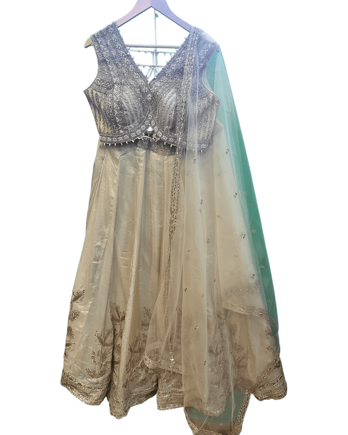 Size UK 16 (42" Bust) Adjustable to Size 18 - Light Gold - Silky Lehenga Set - Mehndi / Sangeet / Bridesmaids / Weddings / Garba - UK Stock - 24h Dispatch - KM- Malakh 07JR26 - Prachy Creations
