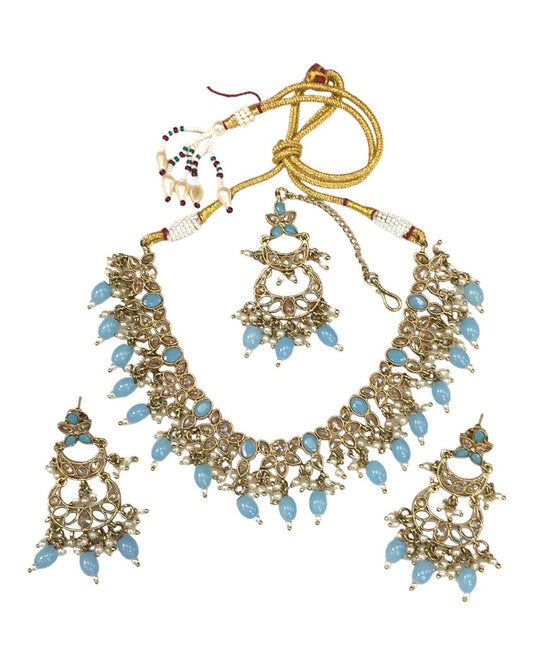 Sky Blue - Antique Gold Finish Choker Necklace set - Bollywood - Weddings - HB960 KY 0523 - Prachy Creations