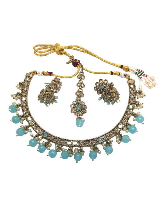 Sky Blue - Reverse Stone Choker Necklace set - Bollywood - Weddings - NIR793 C 0923 - Prachy Creations