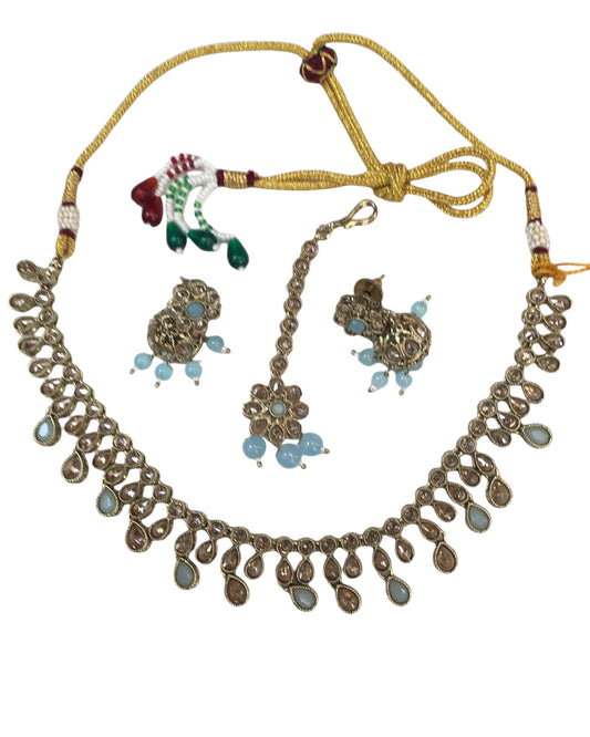 Sky / Light Blue - Medium Size Antique Gold Finish Necklace Set with Earrings - KAJ1017 04C24 - Prachy Creations