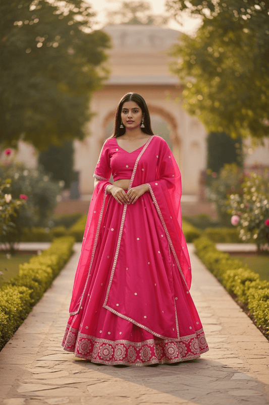 Strawberry / Fuchsia - Silky Lehenga Set - Mehndi / Sangeet / Bridesmaids / Weddings / Garba - Size UK 12 (38" Bust) Adjustable to Size 14 - UK Stock - 24h Dispatch - AF2602 02TY26 - Prachy Creations