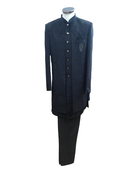 Stunning Double Layered Mens Black Sherwani in Suede - SHU2402 PY 0124 - Prachy Creations