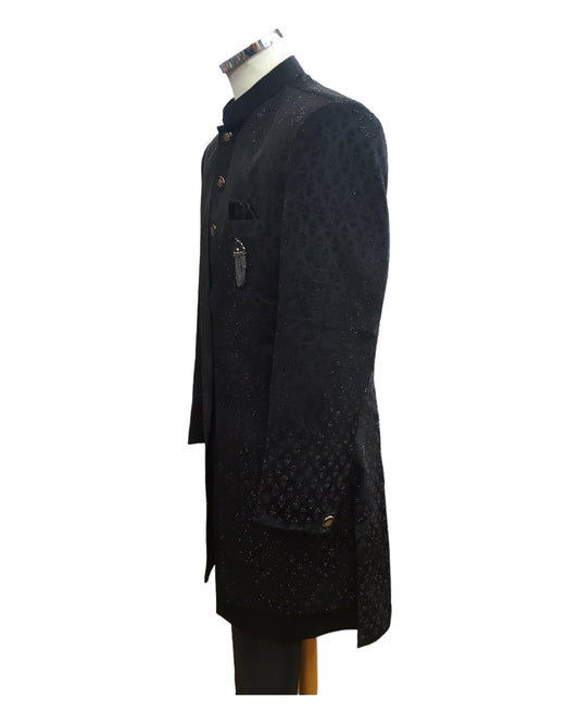 Stunning Double Layered Mens Black Sherwani in Suede - SHU2402 PY 0124 - Prachy Creations