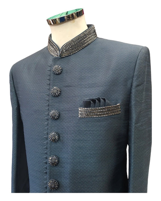 Stunning Steel Grey Self Brocade Sherwani with Trousers - BS862 PR 0823 - Prachy Creations