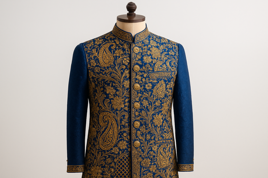 Stylish Indian men’s embroidered waistcoat in royal blue with golden motifs, displayed on a mannequin with clean studio background.