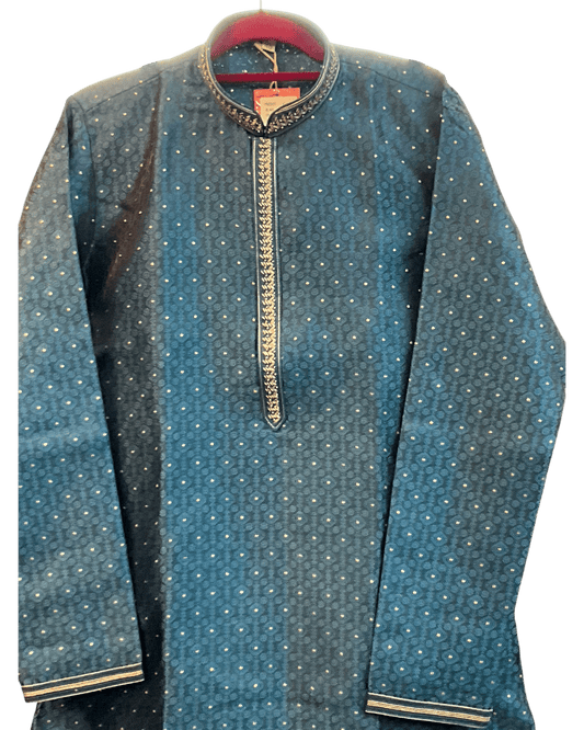 Teal - Banarasi Handloom Brocade Mens Indian Kurta set with Trousers - UK Stock - Weddings / Walimas , Sangeet, Diwali, Eid, Mehndi / Henna - VEE3112 VY - Prachy Creations