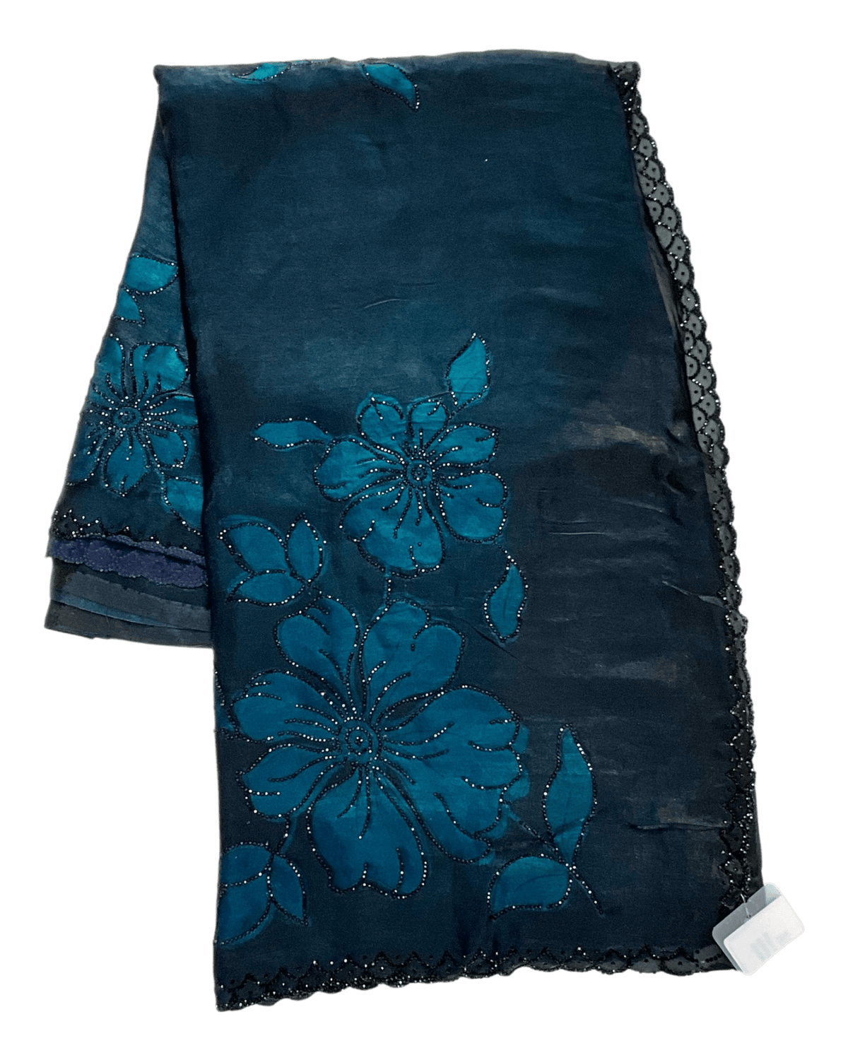 Teal / Black Floral - Classic Satin Crepe Saree with Stone Work and Blouse Piece - UK stock - 24hr Dispatch - RS2537 TV - Prachy Creations