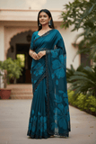 Teal / Black Floral - Classic Satin Crepe Saree with Stone Work and Blouse Piece - UK stock - 24hr Dispatch - RS2537 TV - Prachy Creations