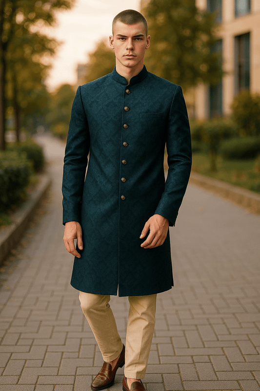 Teal Blue - Classic Self Brocade Mens Sherwani with Quality Buttons - Smart Trousers - UK stock - 2/3 Days Delivery - YD2504 PY - Prachy Creations