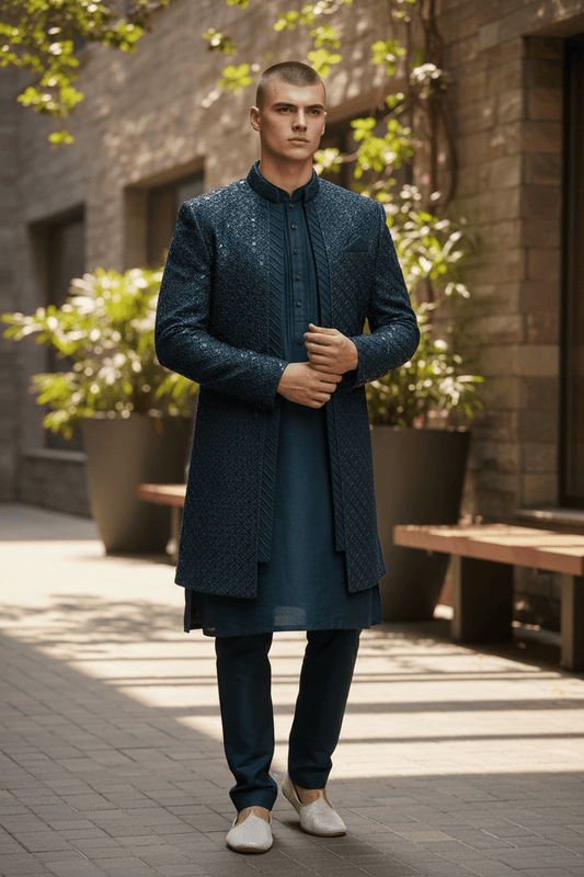 Teal Blue / Green - Stunning Double Layered Mens Sherwani - SHU2504 PC 0325 - Prachy Creations
