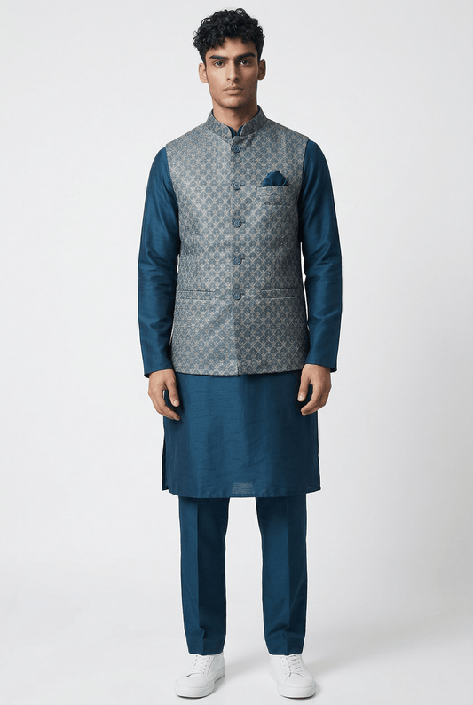Teal Blue - Mens Indian Waistcoat & Kurta Set - UK Stock - 24 hr Dispatch - KCS4010 03VJ26 - Prachy Creations
