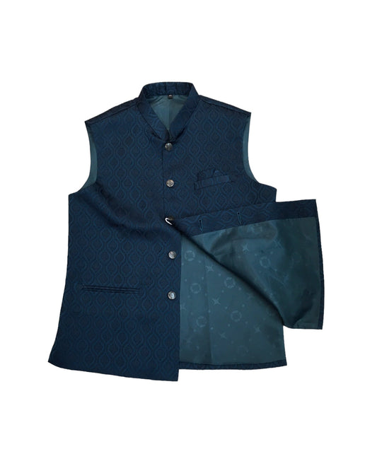 Teal Blue - Self Brocade Indian Mens Waistcoat / Bandi - Bollywood - CS2402 KT 0524 - Prachy Creations