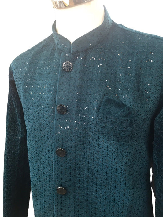 Teal Blue with Self Sequins Fully Embroidered Soft Sherwani Set - UK Stock - 24h Dispatch - Spark18 JY 0324 - Prachy Creations