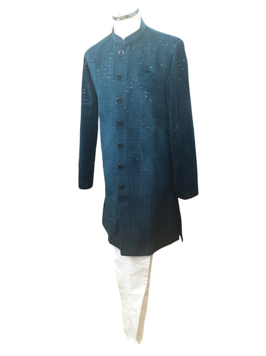 Teal Blue with Self Sequins Fully Embroidered Soft Sherwani Set - UK Stock - 24h Dispatch - Spark18 JY 0324 - Prachy Creations