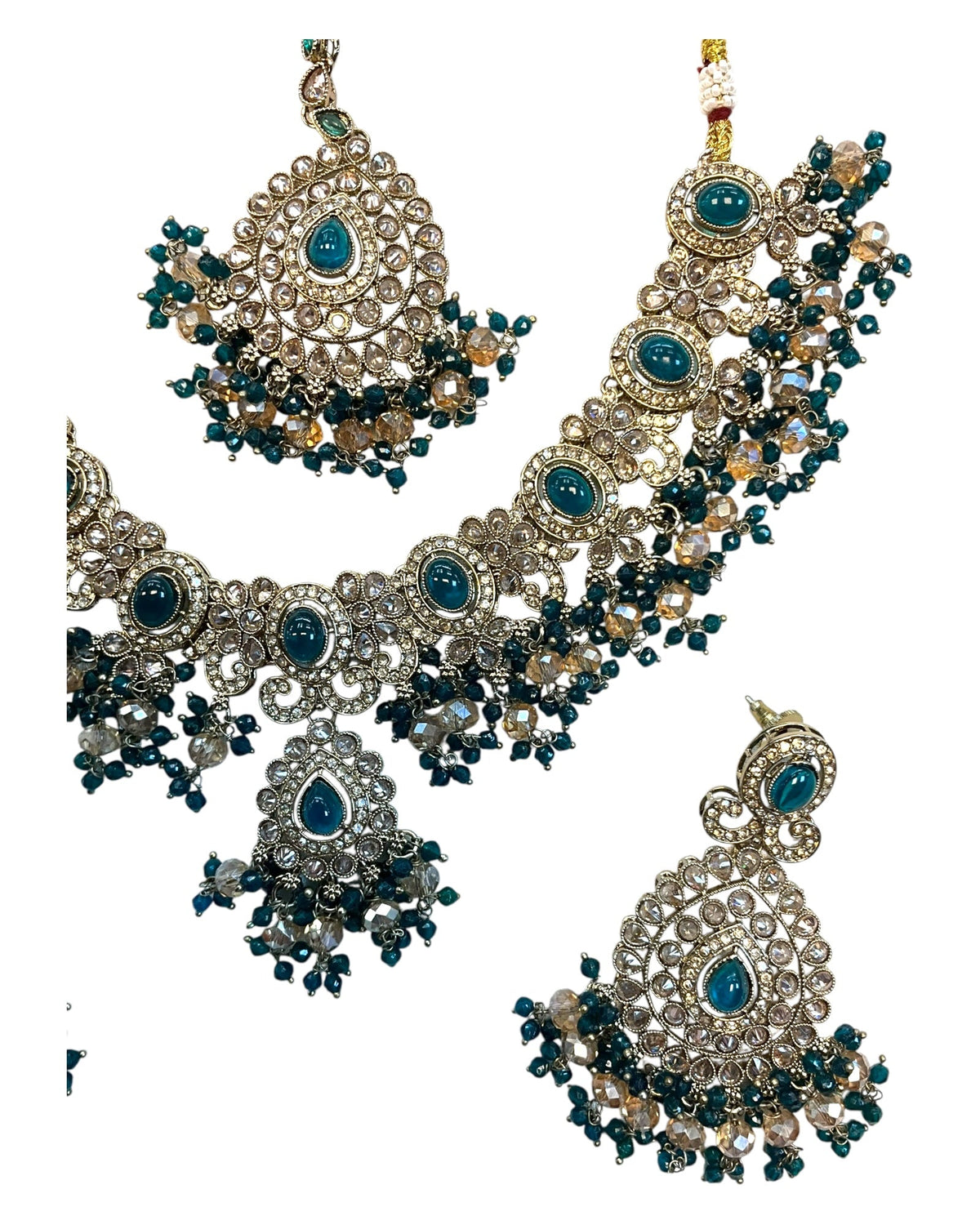 Teal / Bottle Green - Large - Antique Gold Finish Necklace Set with Earrings & Head Piece - AE2512 08KV25 - Prachy Creations