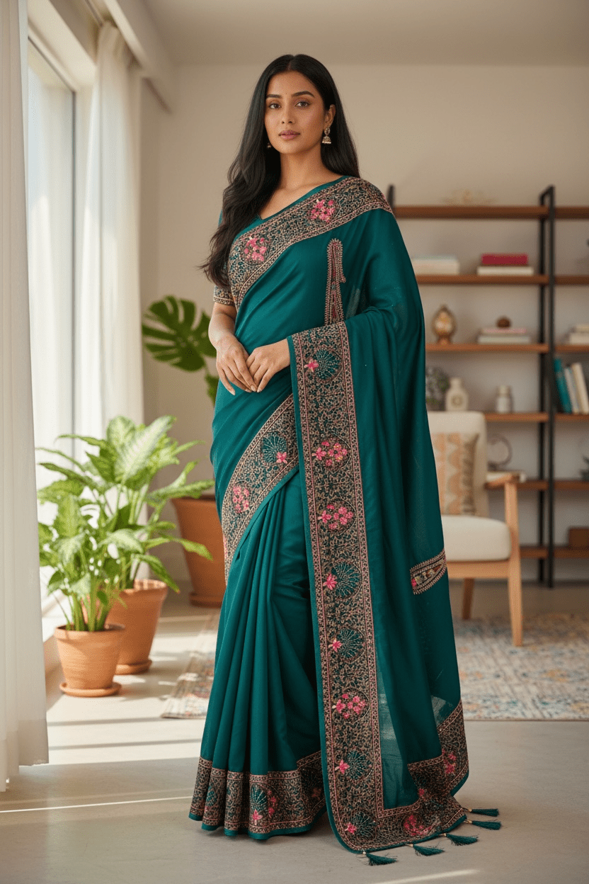Teal - Classic Saree with Thread Work and Blouse Piece - UK stock - 24hr Dispatch - RS2505 VY - Prachy Creations