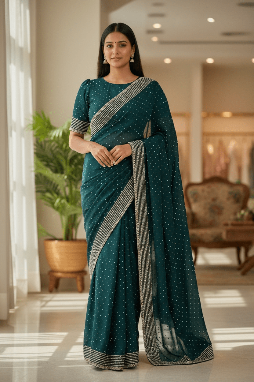 Teal - Classic Satin Crepe Saree with Stone Work and Blouse Piece - UK stock - 24hr Dispatch - RS2531 VY - Prachy Creations