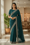 Teal - Classic Satin Crepe Saree with Stone Work and Blouse Piece - UK stock - 24hr Dispatch - RS2531 VY - Prachy Creations
