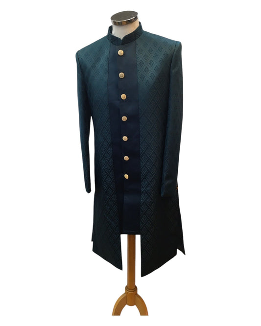 Teal - Classic Self Brocade Panelled Sherwani with Tousers - XS, S, M, L, XL to XXXL BS990 01RA25 - Prachy Creations