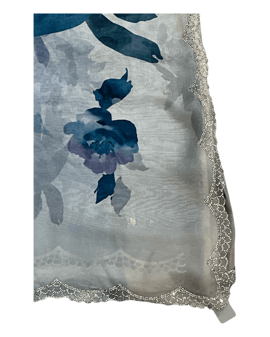 Teal Floral - Classic Satin Crepe Saree with Stone Work and Blouse Piece - UK stock - 24hr Dispatch - RS2535 VR - Prachy Creations