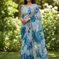 Teal Floral - Classic Satin Crepe Saree with Stone Work and Blouse Piece - UK stock - 24hr Dispatch - RS2535 VR - Prachy Creations
