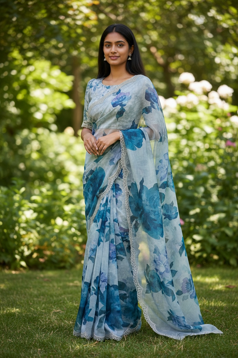 Teal Floral - Classic Satin Crepe Saree with Stone Work and Blouse Piece - UK stock - 24hr Dispatch - RS2535 VR - Prachy Creations