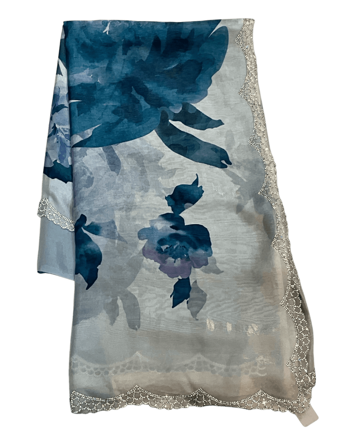 Teal Floral - Classic Satin Crepe Saree with Stone Work and Blouse Piece - UK stock - 24hr Dispatch - RS2535 VR - Prachy Creations