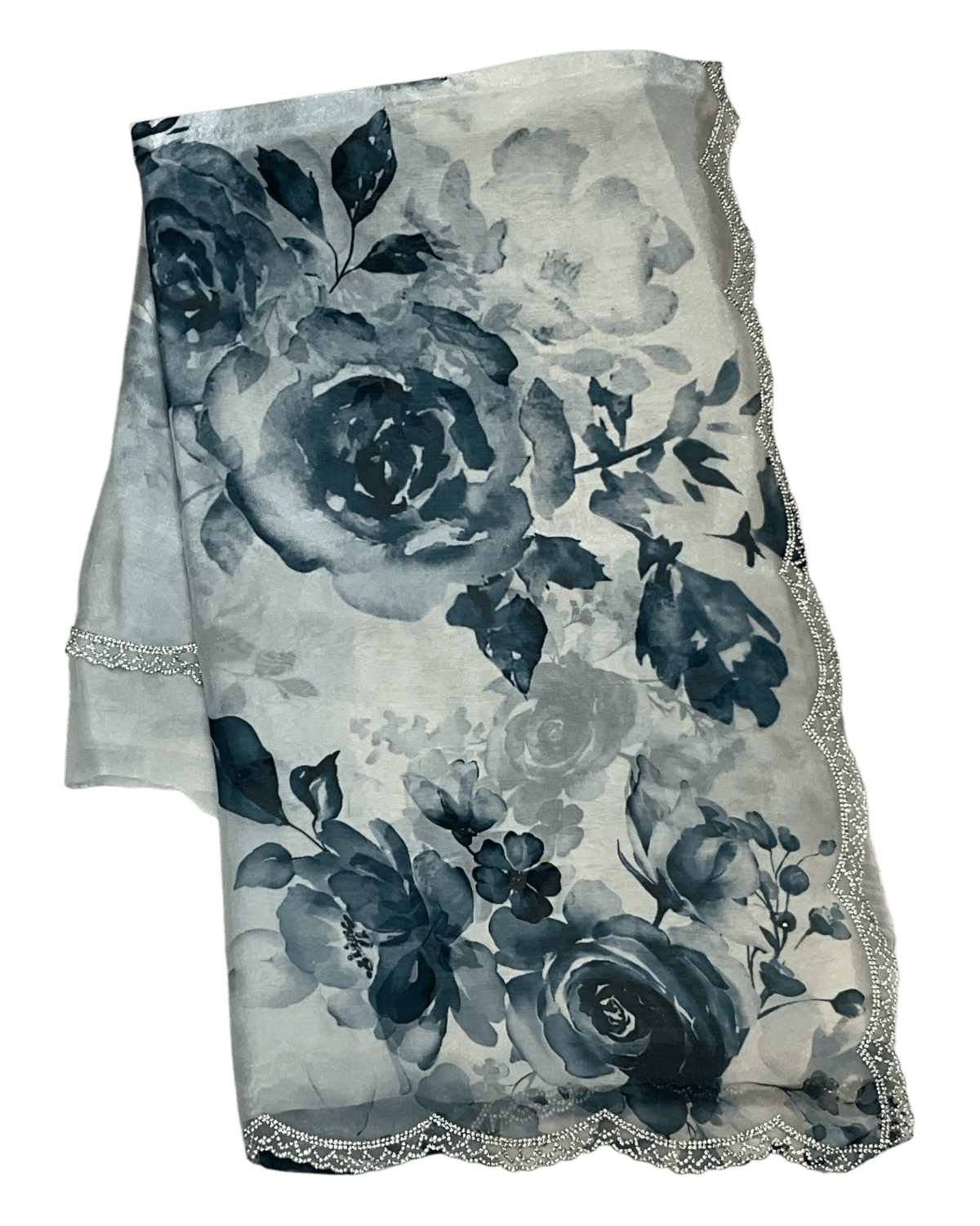 Teal Floral - Classic Satin Crepe Saree with Stone Work and Blouse Piece - UK stock - 24hr Dispatch - RS2536 VR - Prachy Creations