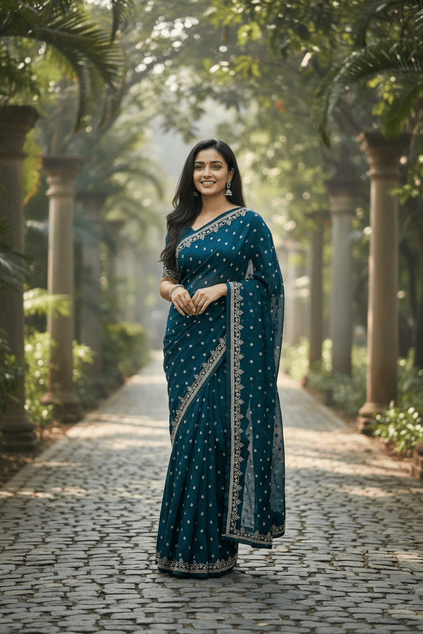 Teal - Rich Saree with Stone Work Border and Blouse Piece - UK stock - 24hr Dispatch - RS2501 TH - Prachy Creations