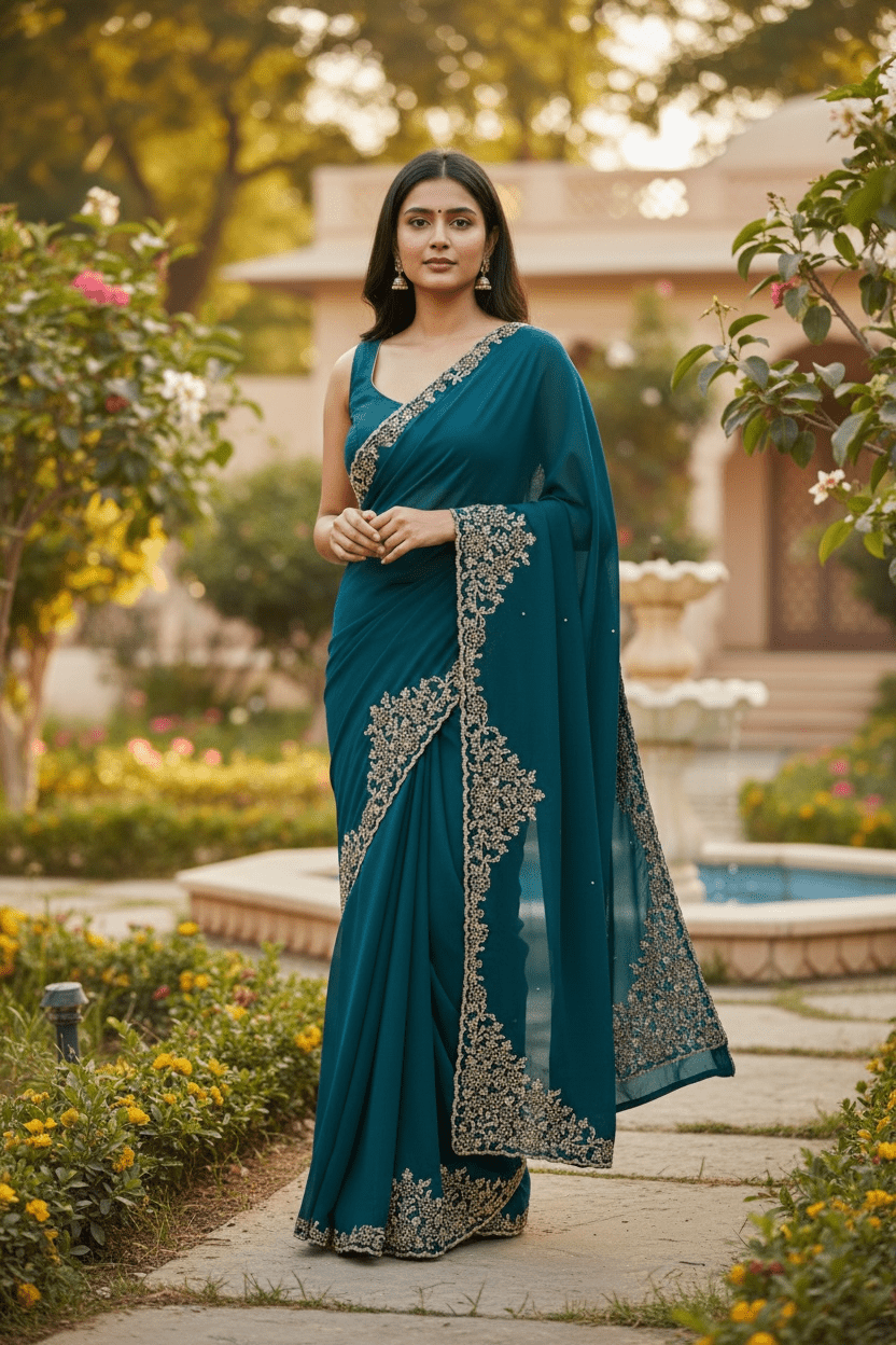 Teal - Rich Saree with Stone Work Border and Blouse Piece - UK stock - 24hr Dispatch - RS2511 TA - Prachy Creations