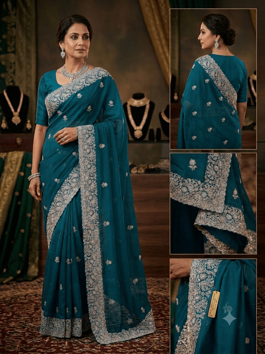 Teal - Saree with Thread / Stone Work and Blouse Piece - UK stock - 24hr Dispatch - SP2617 VK - Prachy Creations