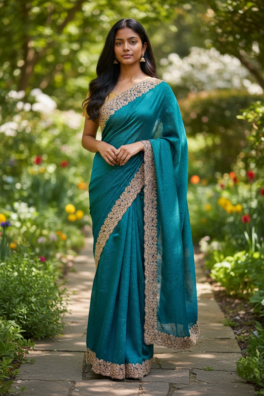 Teal - Soft Crepe - Stone Work Saree with Blouse Piece - UK stock - 24hr Dispatch - RS2540 TV - Prachy Creations