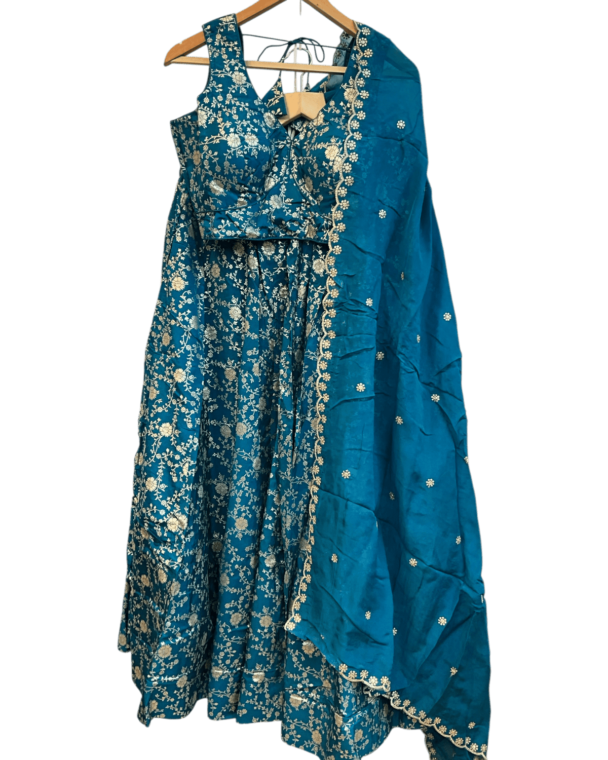 Turquoise Blue - Banarasi Brocade Silky Lehenga Set - Mehndi / Sangeet / Bridesmaids / Weddings / Garba - Size UK 12 (38" Bust) Adjustable to Size 14 - UK Stock - 24h Dispatch - AF2601 02VP26 - Prachy Creations