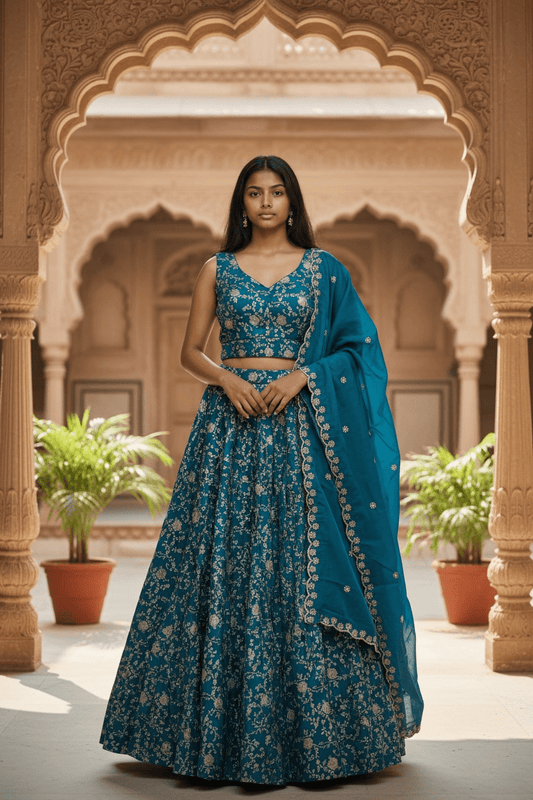 Turquoise Blue - Banarasi Brocade Silky Lehenga Set - Mehndi / Sangeet / Bridesmaids / Weddings / Garba - Size UK 12 (38" Bust) Adjustable to Size 14 - UK Stock - 24h Dispatch - AF2601 02VP26 - Prachy Creations