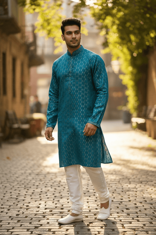 Turquoise Blue - Banarasi Handloom Brocade Mens Indian Kurta set with Trousers - UK Stock - Weddings / Walimas , Sangeet, Diwali, Eid, Mehndi / Henna - VEE2450 VR - Prachy Creations