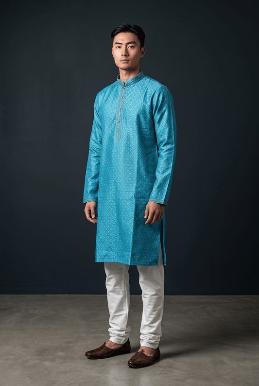 Turquoise Blue - Banarasi Handloom Brocade Mens Indian Kurta set with Trousers - UK Stock - Weddings / Walimas , Sangeet, Diwali, Eid, Mehndi / Henna - VEE2674 VR - Prachy Creations