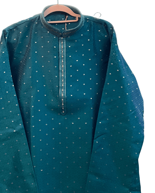 Turquoise Blue - Banarasi Handloom Brocade Mens Indian Kurta set with Trousers - UK Stock - Weddings / Walimas , Sangeet, Diwali, Eid, Mehndi / Henna - VEE3134 VK - Prachy Creations